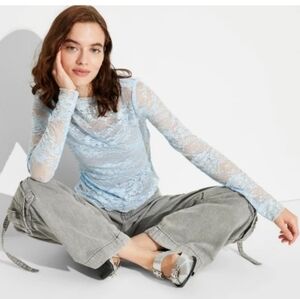 Womens Long Sleeve Blue Lace Squin   Top XS Wild Fable